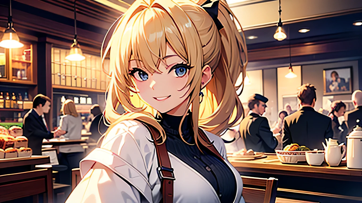 ((highest quality)), ((masterpiece)), (detailed), Perfect Face、Cafe、Negotiations、blonde、Smooth Hair、ponytail、Black jacket、White shirt、smile、Cowboy Shot、Angle from the side、