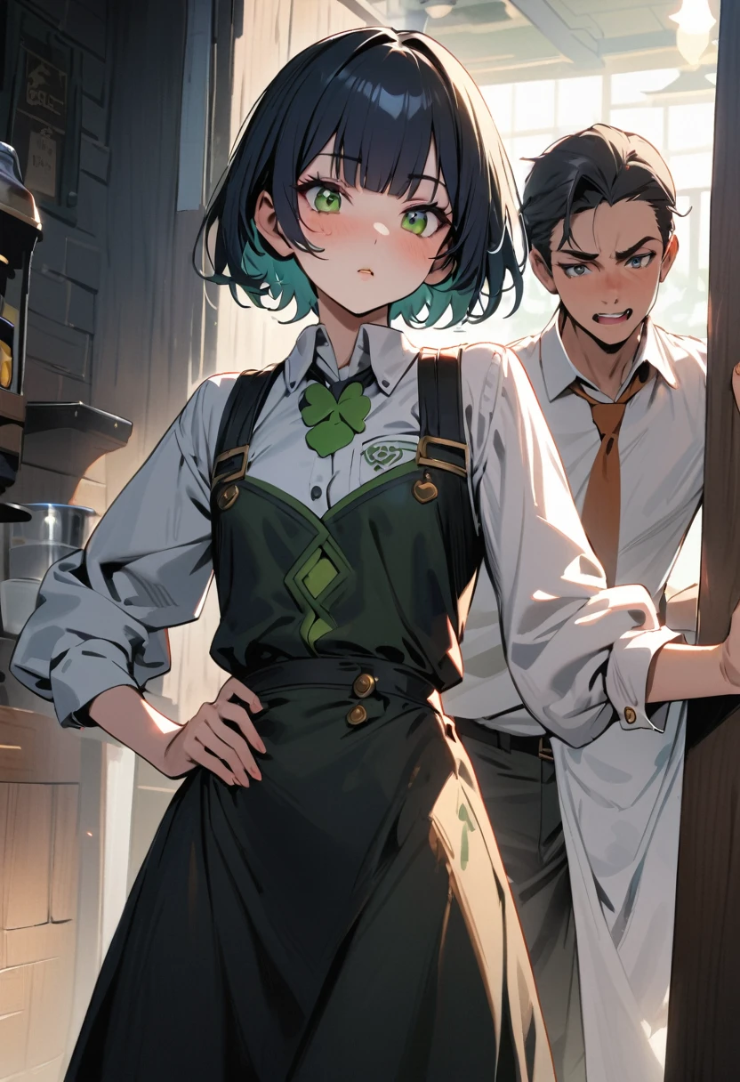 (Irish pub waitress),A girl nearly falls while carrying a beer,yo,cute,detailed face,Panic look,BREAK (navy hair),(wavy-short hair),parallel eyebrows,eyes with large irises,blunt bangs,fresh lips,small nose,(small breasts),small hip,(5feet tall)), pop (masterpiece, best quality:1.1),detailed hand,