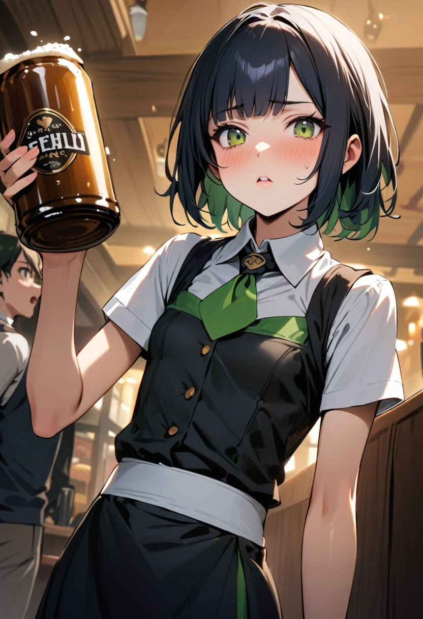 (Irish pub waitress),A girl nearly falls while carrying a beer,yo,cute,detailed face,Panic look,BREAK (navy hair),(wavy-short hair),parallel eyebrows,eyes with large irises,blunt bangs,fresh lips,small nose,(small breasts),small hip,(5feet tall)), pop (masterpiece, best quality:1.1),detailed hand,