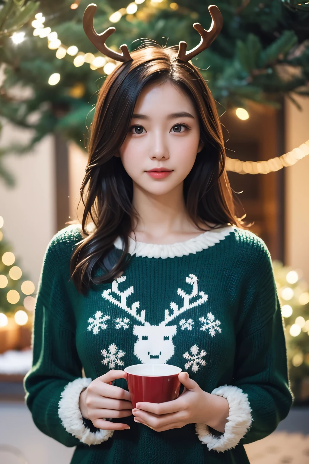 Beautiful woman in front of a large Christmas tree. Warm lighting, green reindeer pattern knit,