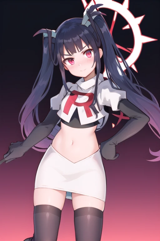 fuukadef, team rocket,team rocket uniform,white skirt,red letter R,crop top,black thigh-highs,black elbow gloves, blush,  looking at viewer,moody lighting, facing viewer,
