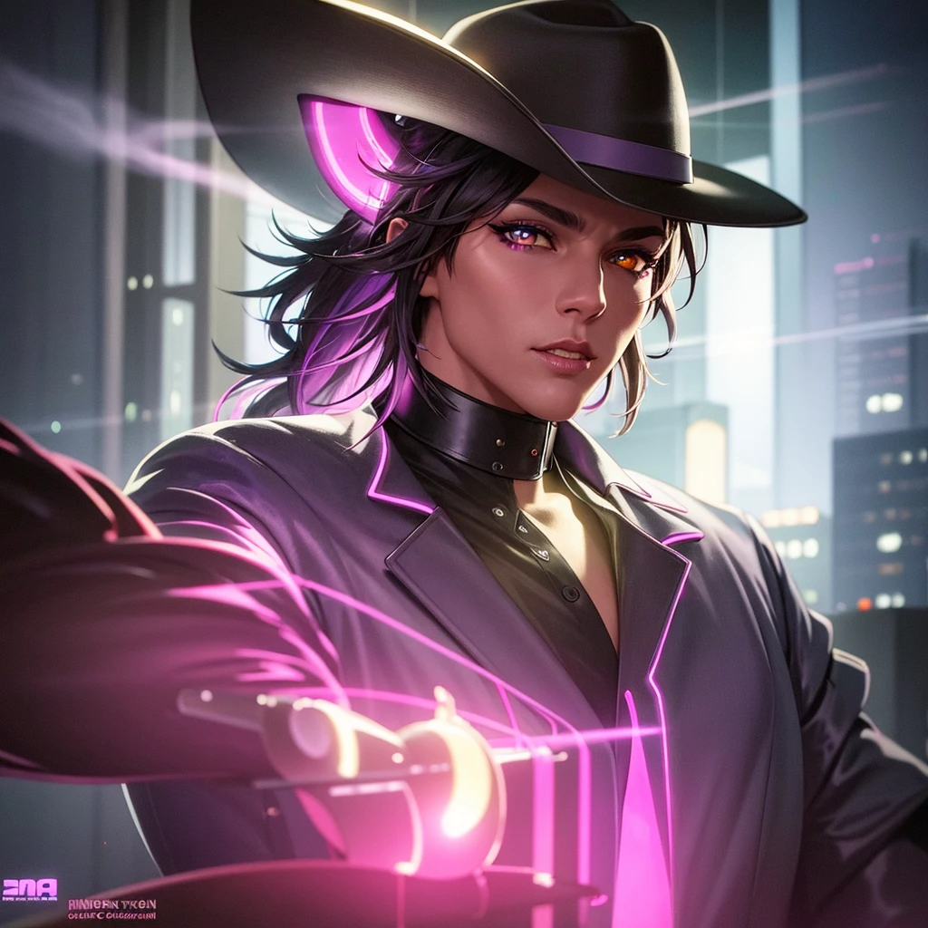 a highly detailed anthropomorphic cat with beautiful purple eyes wearing a gray stetson cowboy hat, in a cyberpunk city at night, smoking a cigarette, intricate details, cinematic lighting, moody atmosphere, dark and gritty, dystopian, neon lights, muted colors, photorealistic, 8k, ultra-detailed, best quality