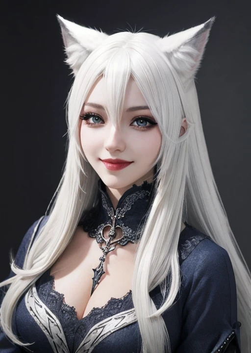 1girl, medieval,egirlmakeup,smile,avatar \(ff14\),egirlmakeup, white hair, wolf ears,