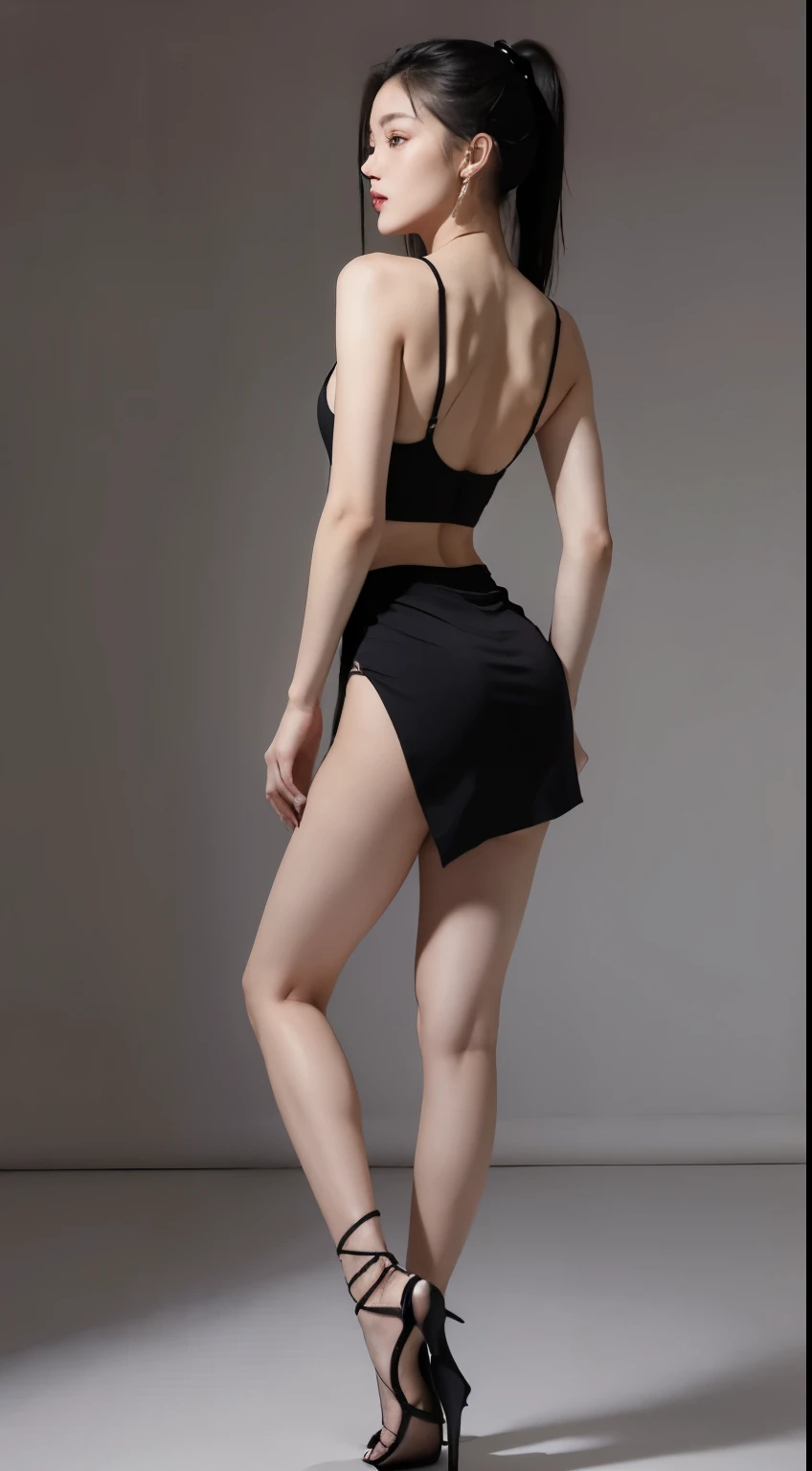 Chinese-Japanese mixed-race high-heeled jazz dancer model,Black clothing,Black shorts,Black extra-high heels,Super beautiful,fit,Slender abs,Long hair,Small waist,beautiful,full-body shot,Clothes are slim-fitting,Smooth lines,The curve is obvious,Long legs,Slender long legs,Beautiful back view。Wearing a high ponytail,Dreadlocks,Doing ballet moves