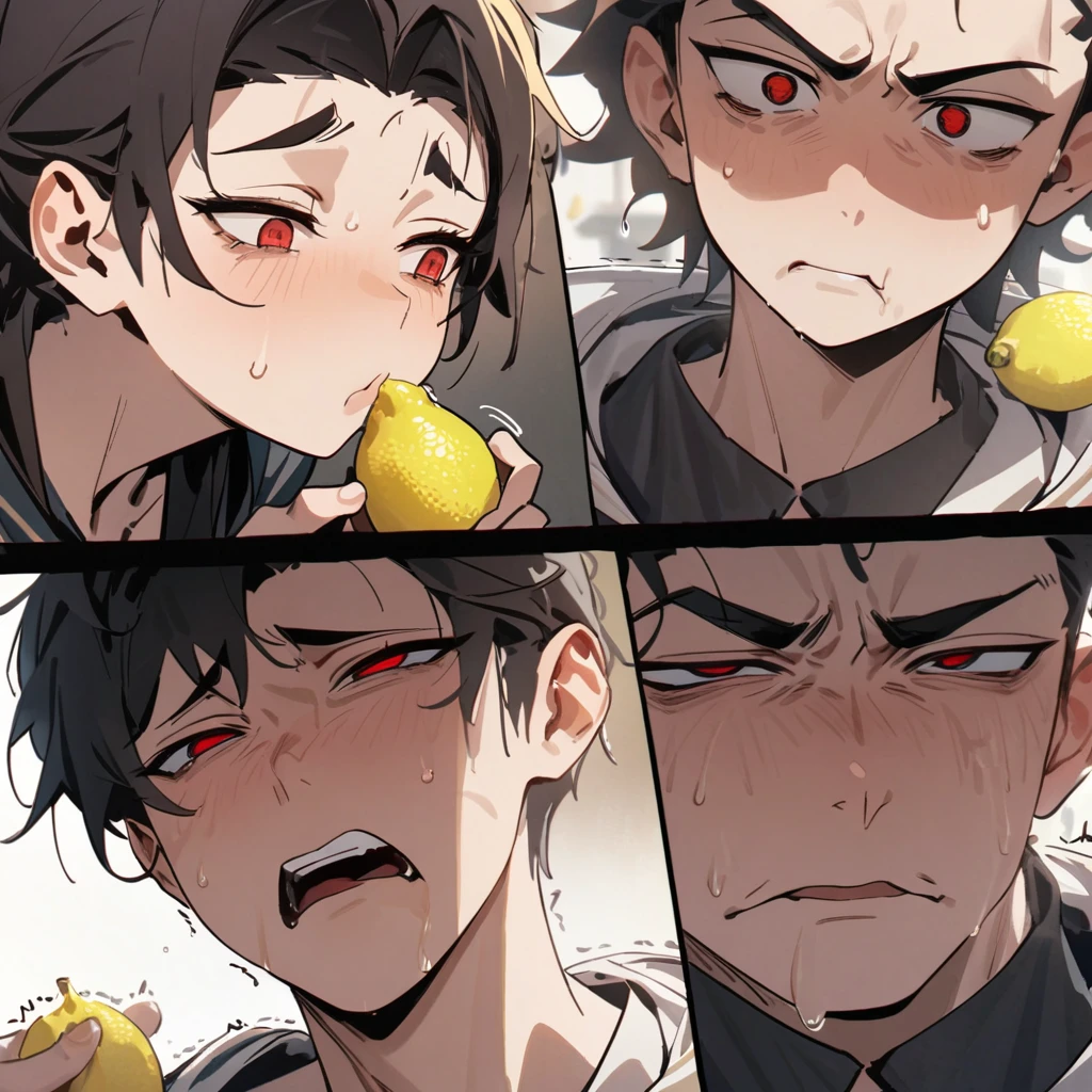 At the moment of challenging to eat lemon, Wang Xiaoming's expression became twisted, his furrowed eyebrows and narrowed eyes revealed sourness, his red eyes and tightly closed lips showed his efforts, and his trembling cheeks and open nostrils were symbols of his struggle against sourness. His face was full of shock and challenge, and the lemon yellow juice added liveliness and realism to the scene. His furrowed eyebrows, squinted eyes, reddish eyes, tightly closed lips, trembling cheeks, open nostrils, sour expression, twisted face, lemon yellow juice, shock and challenge, (masterpiece, best quality:1.2),8K, extremly detailed