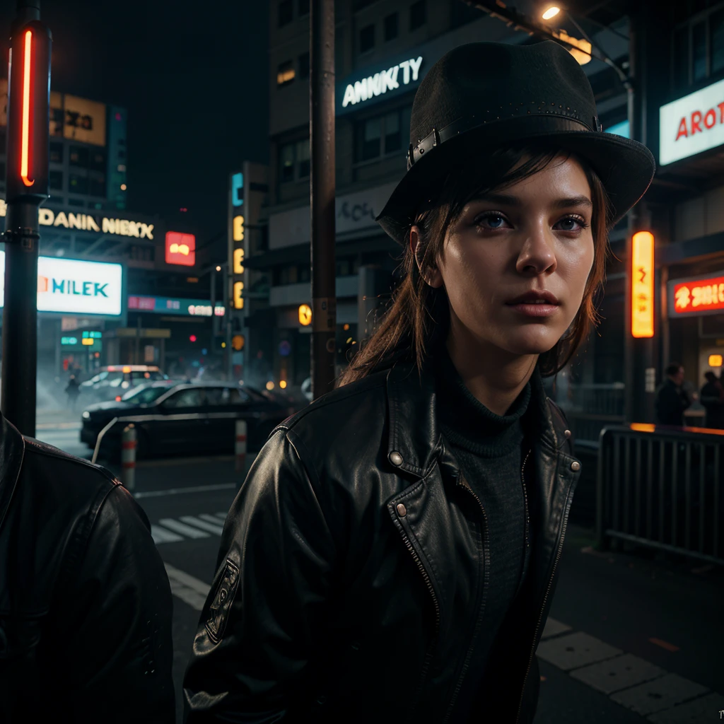 a photorealistic anthropomorphic cat with beautiful detailed purple eyes wearing a gray stetson cowboy hat, standing in a cyberpunk city at night, smoking a cigarette, (best quality,4k,8k,highres,masterpiece:1.2),ultra-detailed,(realistic,photorealistic,photo-realistic:1.37),cinematic lighting,dramatic atmospheric lighting,moody lighting,cinematic composition,highly detailed environment,intricate details,volumetric fog,glowing neon lights,cyberpunk,science fiction