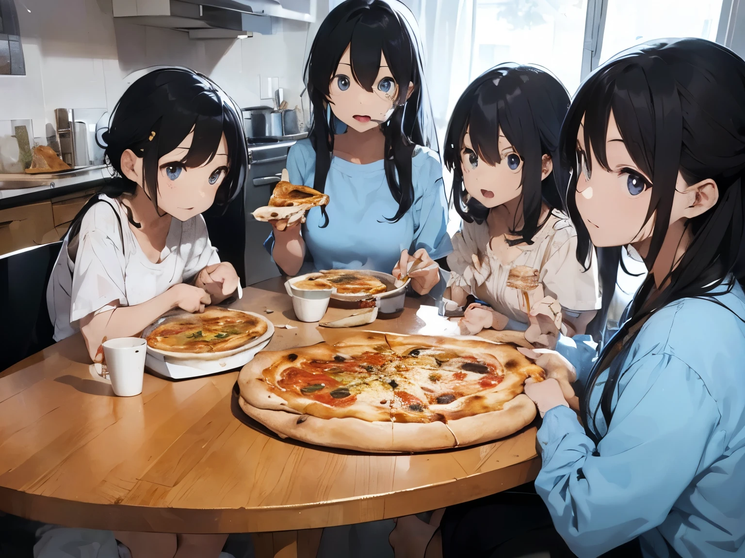 Big family having pizza party、Long black hair、Light blue shirt dress、barefoot、Coffee with lots of ice
