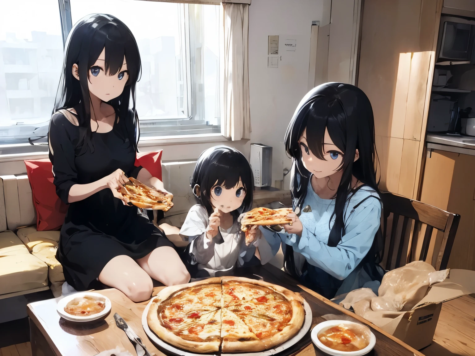 Big family having pizza party、Long black hair、Light blue shirt dress、barefoot、Coffee with lots of ice