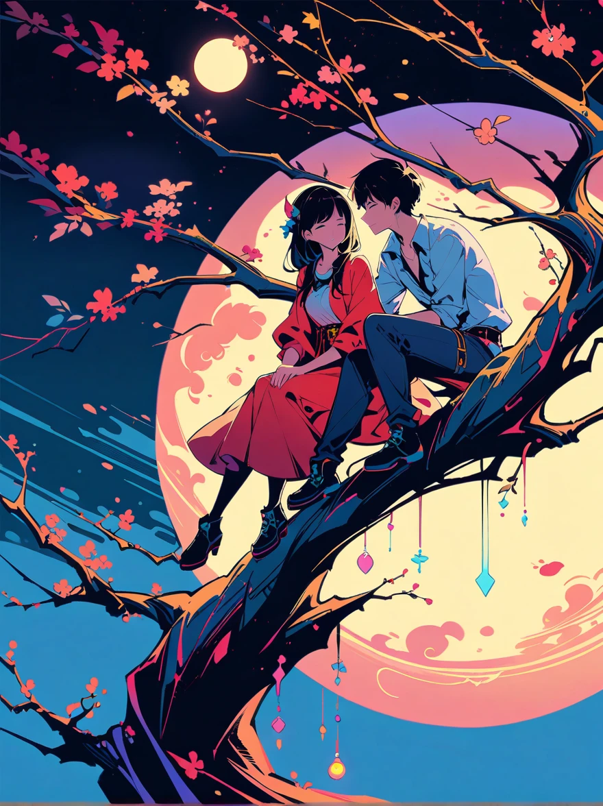 yinji，Romantic，night，Backlight，A man and a woman sitting on a tree branch，There is a full moon behind，Fresh colors，Soft colors，Diode lamp，Concept art style，Extremely complex details，Clear distinction between light and dark，Structured，Ultra HD, 1yj1