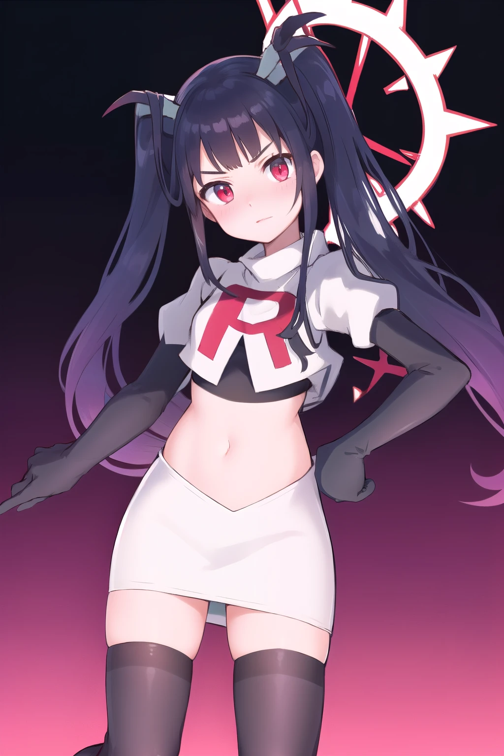 fuukadef, team rocket,team rocket uniform,white skirt,red letter R,crop top,black thigh-highs,black elbow gloves, blush,  looking at viewer,moody lighting, facing viewer,
