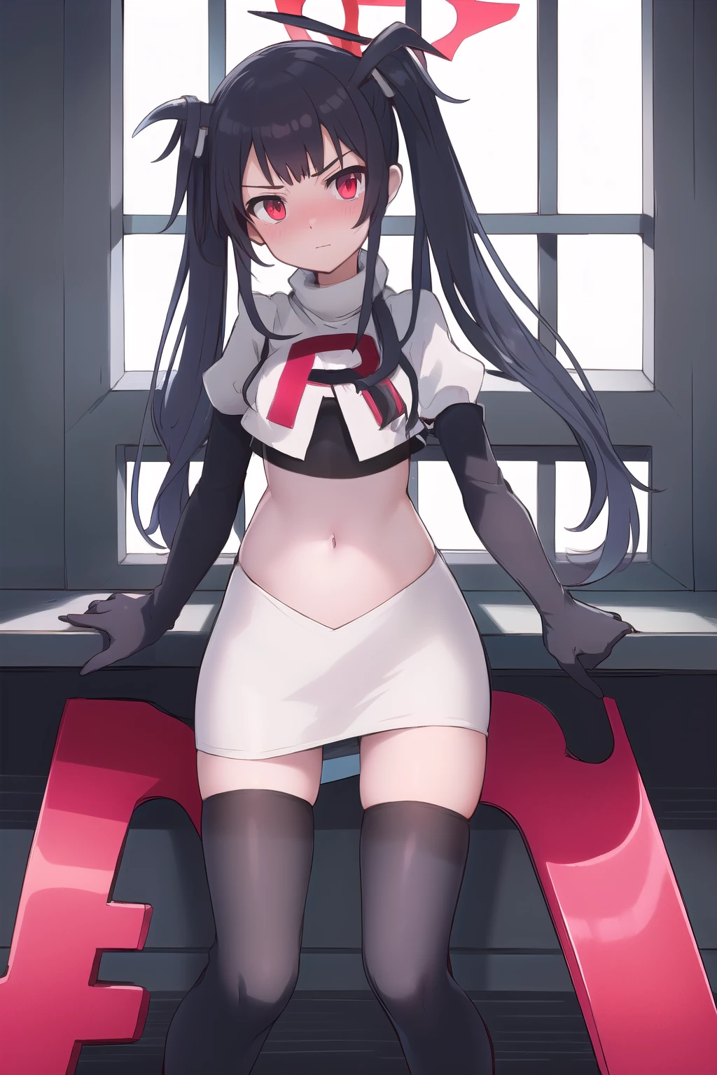 fuukadef, team rocket,team rocket uniform,white skirt,red letter R,crop top,black thigh-highs,black elbow gloves, blush, looking at viewer,moody lighting, facing viewer,