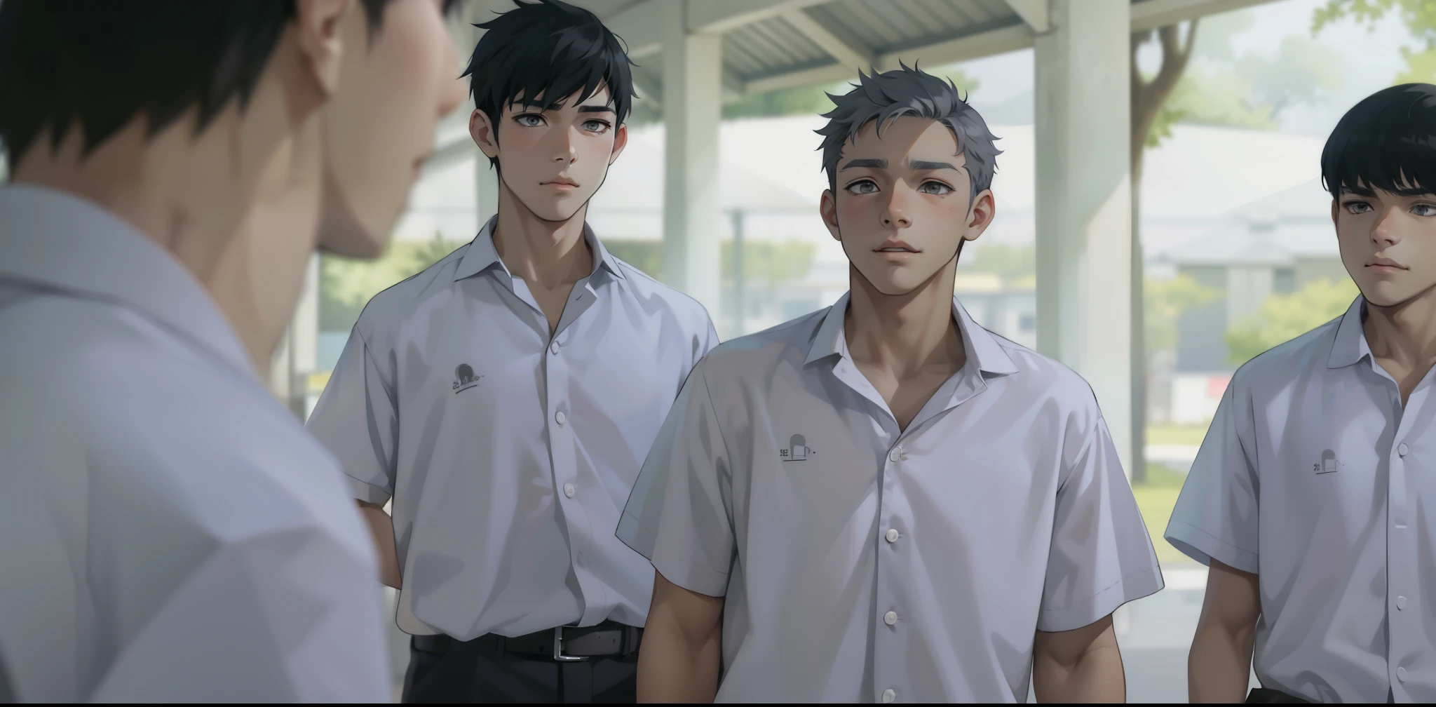 (estilo anime 2d plano)cute 16 year old boy is talking sad remembering something gray eyes gray hair