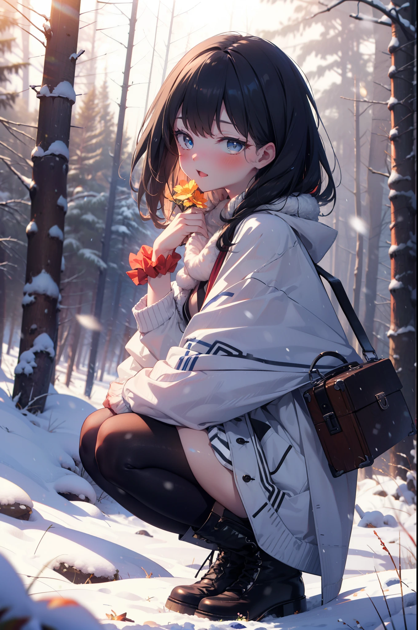 6 flowers, rikka takarada, Black Hair, blue eyes, Long Hair, orange Scrunchie, Scrunchie, wrist Scrunchie,smile,blush,White Breath,
Open your mouth,snow,Ground bonfire, Outdoor, boots, snowing, From the side, wood, suitcase, Cape, Blurred, Increase your meals, forest, White handbag, nature,  Squat, Mouth closed, フードed Cape, winter, Written boundary depth, Black shoes, red Cape break looking at viewer, Upper Body, whole body, break Outdoor, forest, nature, break (masterpiece:1.2), highest quality, High resolution, unity 8k wallpaper, (shape:0.8), (Beautiful and beautiful eyes:1.6), Highly detailed face, Perfect lighting, Extremely detailed CG, (Perfect hands, Perfect Anatomy),