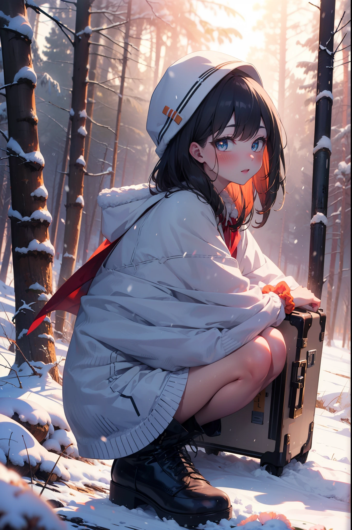 6 flowers, rikka takarada, Black Hair, blue eyes, Long Hair, orange Scrunchie, Scrunchie, wrist Scrunchie,smile,blush,White Breath,
Open your mouth,snow,Ground bonfire, Outdoor, boots, snowing, From the side, wood, suitcase, Cape, Blurred, Increase your meals, forest, White handbag, nature, Squat, Mouth closed, フードed Cape, winter, Written boundary depth, Black shoes, red Cape break looking at viewer, Upper Body, whole body, break Outdoor, forest, nature, break (masterpiece:1.2), highest quality, High resolution, unity 8k wallpaper, (shape:0.8), (Beautiful and beautiful eyes:1.6), Highly detailed face, Perfect lighting, Extremely detailed CG, (Perfect hands, Perfect Anatomy),