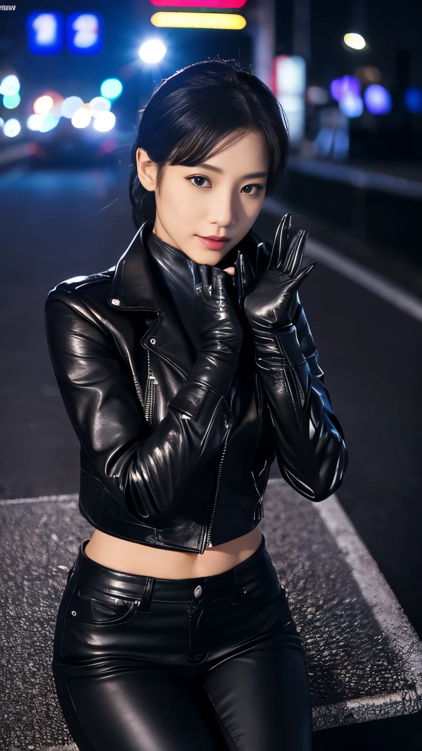 black leather rider jacket, Office in the Dark, Black leather gloved fingertips on both hands,Wearing black leather gloves,Sitting in a black leather chair、 Japanese female new recruits (Black leather gloves cover both hands) (The angle is horizontal)、Black Leather Pants,Black Leather Black Leather Pants,Black Leather Skinny Pants、Long black leather boots on both feet、Black hair ponytail ((He wears black leather gloves on his hands))Full Body Photo,full body shot full body full body leather suit,☺If you turn in this direction。Wearing black leather gloves,Wearing black leather gloves,Wearing black leather gloves,Wearing black leather gloves,Wearing black leather gloves,Wearing black leather gloves,黒のレザーパンツが美しい😍黒のレザーパンツが美しい😍黒のレザーパンツが美しい,😍Smiling while looking at me,City lights、((Neon Cyberpunk City Street:1.3))、(Neon Light)、Detailed lighting、

Best image quality、Ultra-high resolution、(realism:1.4)、Korean Beauty Star、The most beautiful KPOP stars、face、Horny Korean Makeup、A body that makes you want to touch it、Realistic leather texture、Costume made of smooth leather fabric、The drape of the curved parts of the leather fabric、The costume is very shiny、Quality of the costume、8K Photo Quality