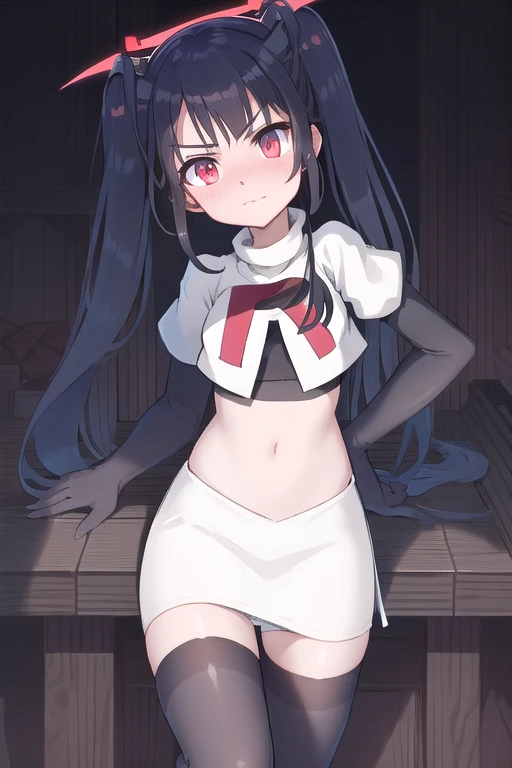 fuukadef, team rocket,team rocket uniform,white skirt,red letter R,crop top,black thigh-highs,black elbow gloves, blush, looking at viewer,moody lighting, facing viewer,