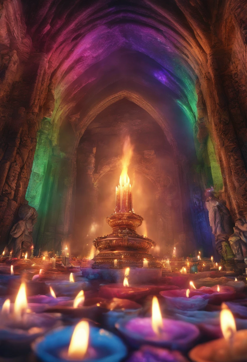 Candles burning in rainbow colors,Heavenly Paradise,fantastic,Out of this World,Otherworldly atmosphere,Luxurious and gorgeouasterpiece.