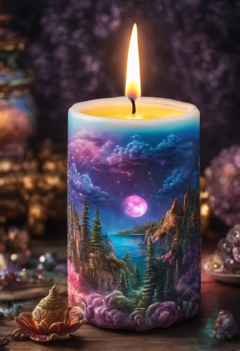 Candles burning in rainbow colors,Heavenly Paradise,fantastic,Out of this World,Otherworldly atmosphere,Luxurious and gorgeouasterpiece.