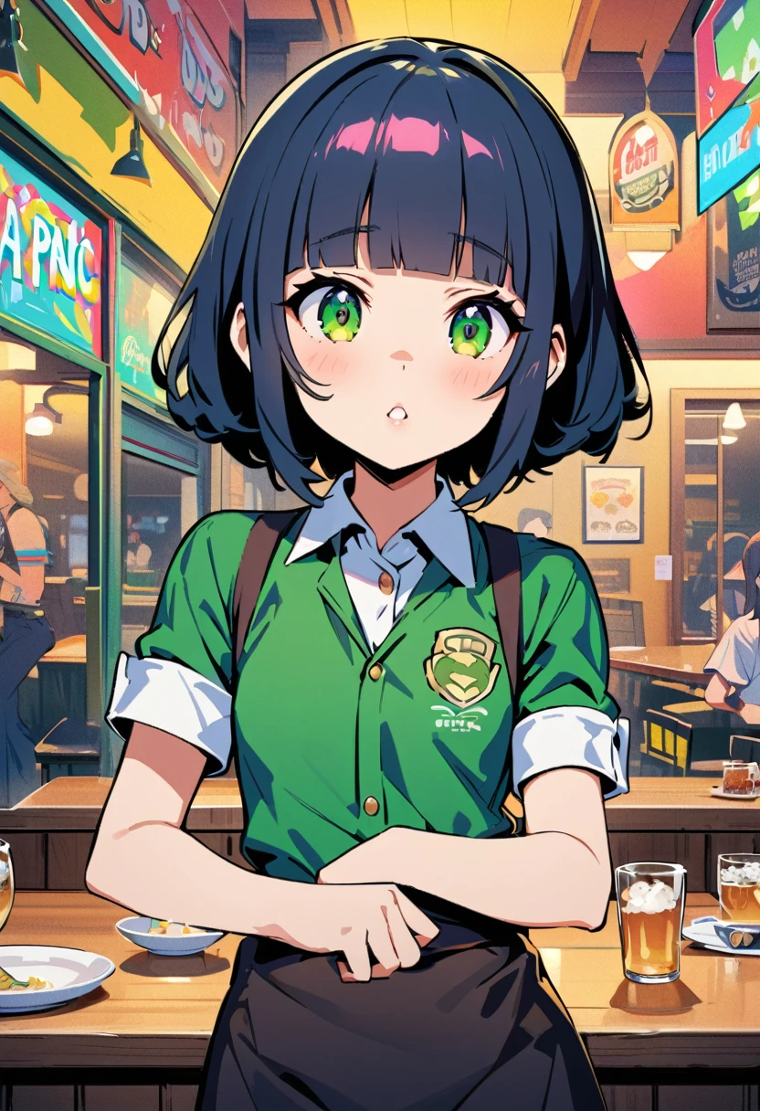 (Irish pub waitress),A waitress trips and drops her beer,japanese girl,14yo,cute,detailed face,Panic look,BREAK (navy hair),(wavy-short hair),parallel eyebrows,eyes with large irises,blunt bangs,fresh lips,small nose,(small breasts),small hip,(5feet tall)), pop (masterpiece, best quality:1.1),detailed hand,popart style,