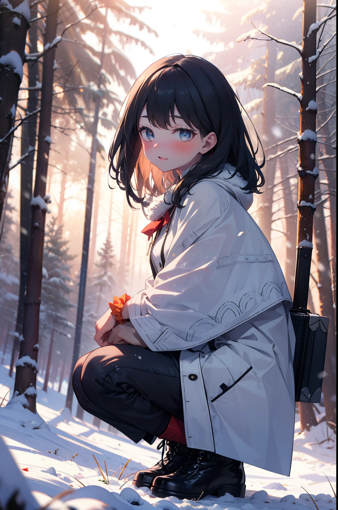 6 flowers, rikka takarada, Black Hair, blue eyes, Long Hair, orange Scrunchie, Scrunchie, wrist Scrunchie,smile,blush,White Breath,
Open your mouth,snow,Ground bonfire, Outdoor, boots, snowing, From the side, wood, suitcase, Cape, Blurred, Increase your meals, forest, White handbag, nature, Squat, Mouth closed, フードed Cape, winter, Written boundary depth, Black shoes, red Cape break looking at viewer, Upper Body, whole body, break Outdoor, forest, nature, break (masterpiece:1.2), highest quality, High resolution, unity 8k wallpaper, (shape:0.8), (Beautiful and beautiful eyes:1.6), Highly detailed face, Perfect lighting, Extremely detailed CG, (Perfect hands, Perfect Anatomy),