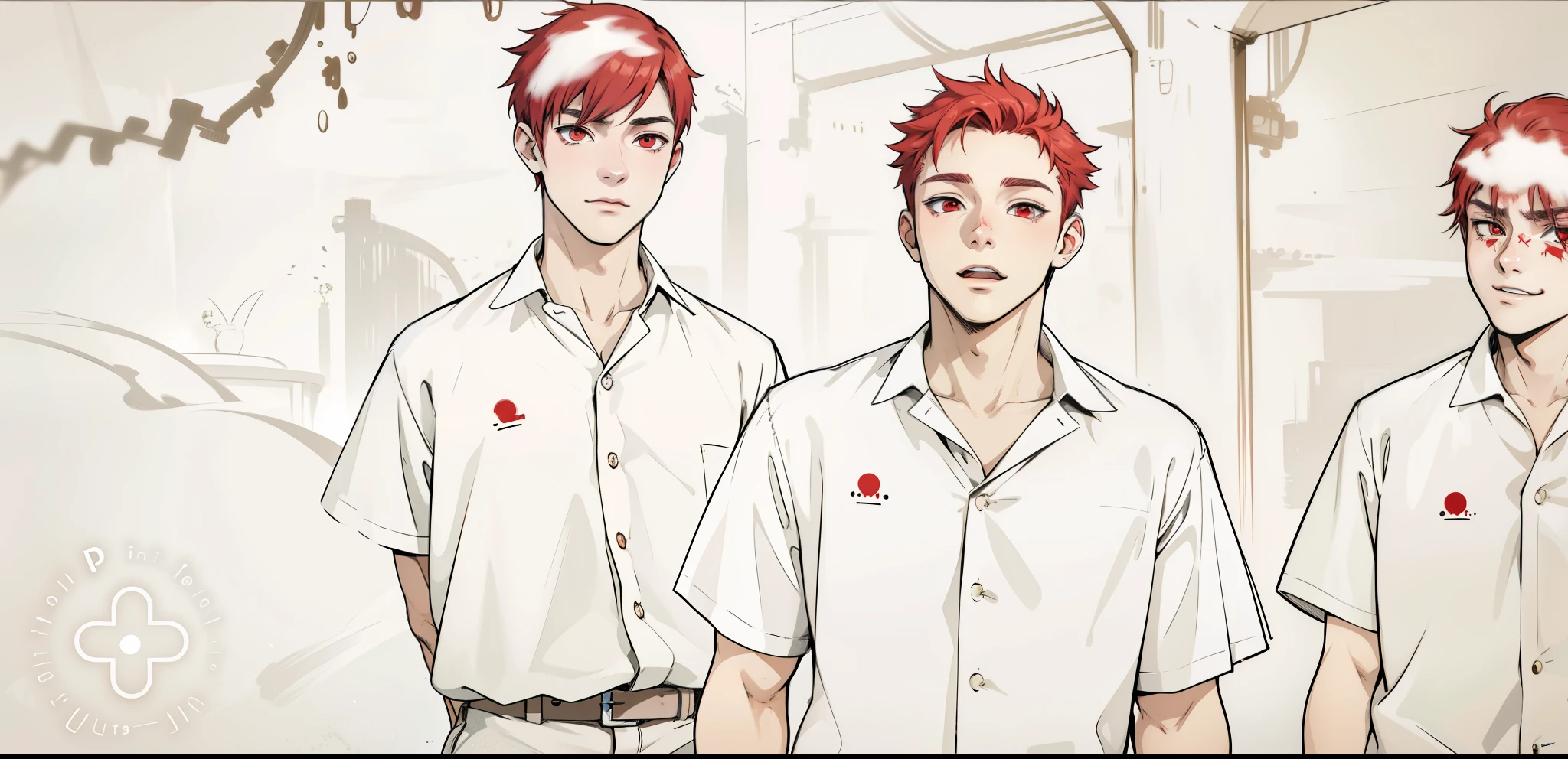 (estilo anime 2d plano)cute 16 year old boy is spoken with evil irony red hair red eyes