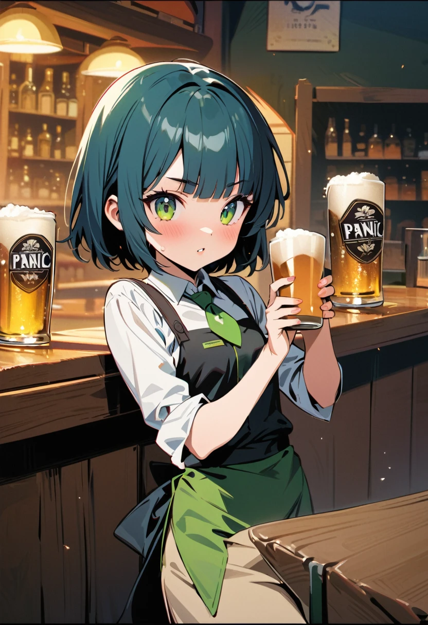 (Irish pub waitress),waitress trips and drops beer,japanese girl,,cute,detailed face,Panic look,BREAK (navy hair),(wavy-short hair),parallel eyebrows,eyes with large irises,blunt bangs,fresh lips,small nose,(small breasts),small hip,(5feet tall)), pop (masterpiece, best quality:1.1),detailed hand,popart style,