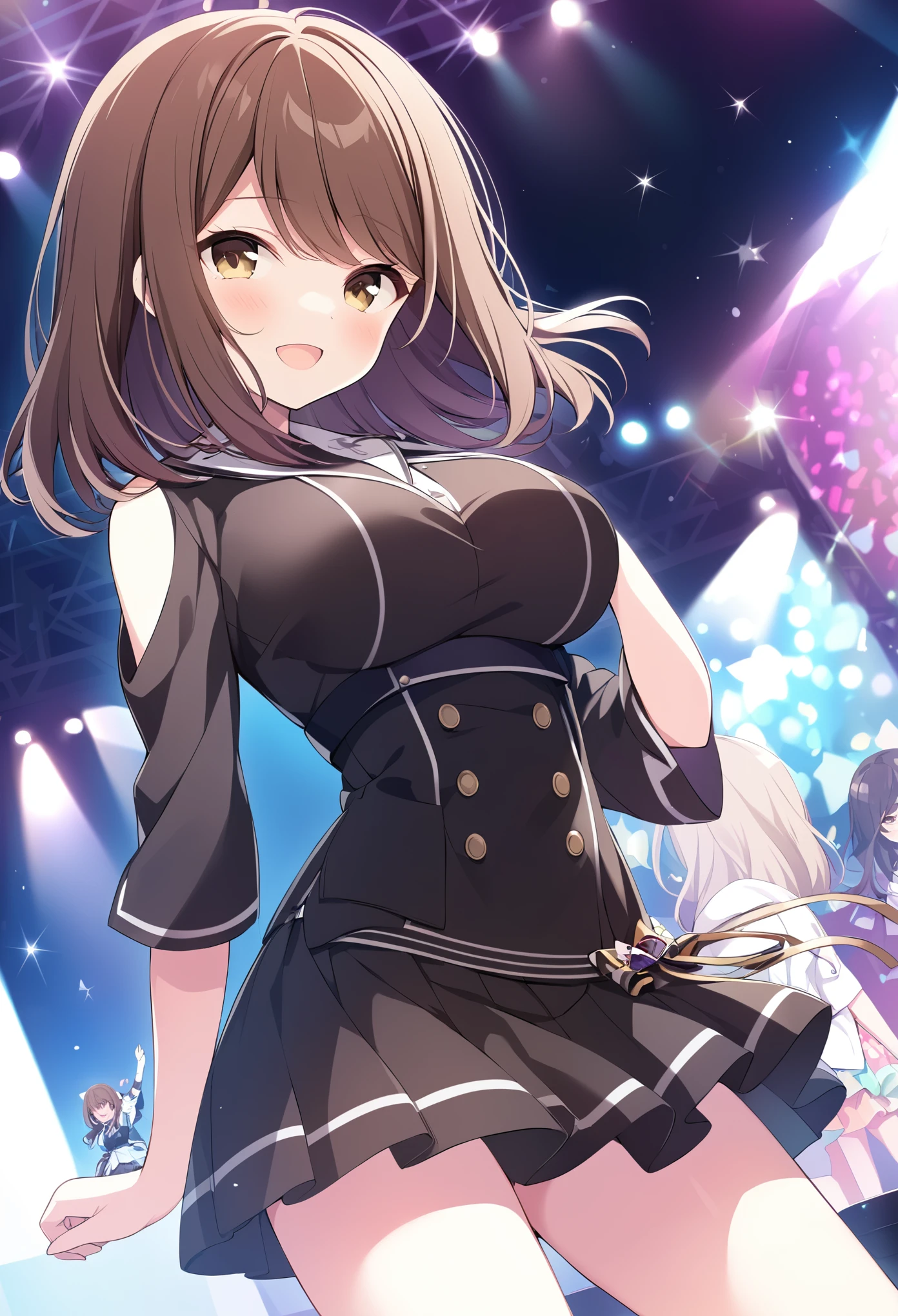 SHIINAKOKOMI, , brown hair, (Medium hair, shoulder length hair:1.5)  brown hair, BROWN EYES, live stage, large breasts