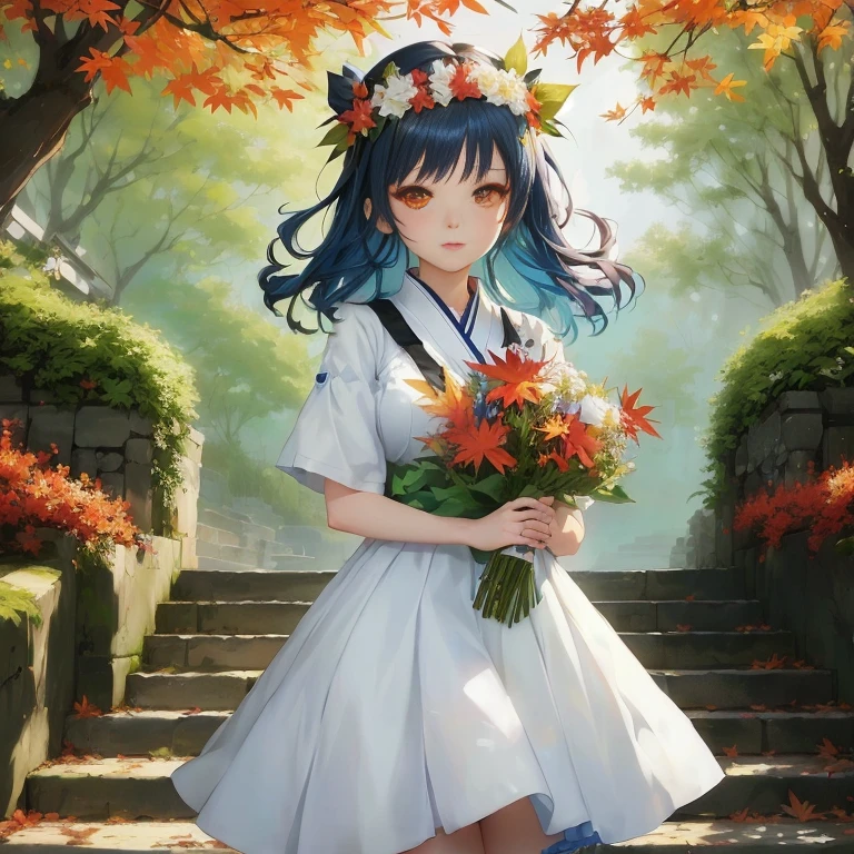 anime girl with blue hair and white dress holding flowers, anime moe artstyle, rin, official art, official artwork, with flowers, anime visual of a cute girl, guweiz, hana yata, artwork in the style of guweiz, marin kitagawa fanart, 🍁 cute, made with anime painter studio, guweiz on pixiv artstation
