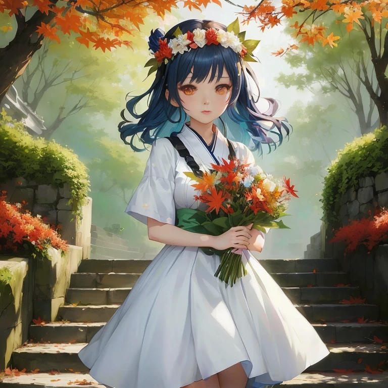 anime girl with blue hair and white dress holding flowers, anime moe artstyle, rin, official art, official artwork, with flowers, anime visual of a cute girl, guweiz, hana yata, artwork in the style of guweiz, marin kitagawa fanart, 🍁 cute, made with anime painter studio, guweiz on pixiv artstation