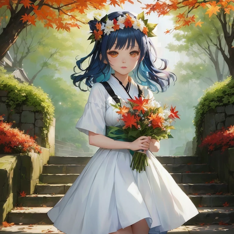 anime girl with blue hair and white dress holding flowers, anime moe artstyle, rin, official art, official artwork, with flowers, anime visual of a cute girl, guweiz, hana yata, artwork in the style of guweiz, marin kitagawa fanart, 🍁 cute, made with anime painter studio, guweiz on pixiv artstation