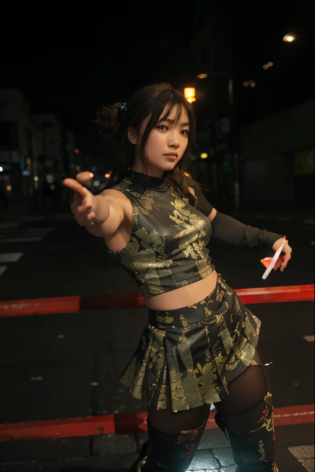 (Best quality, 8k, 32k, Masterpiece, UHD:1.2) "Imagine an empty night street in Shibuya, Japan, renowned for its typically bustling atmosphere. Now, envision this iconic location completely devoid of people, capturing a rare and serene moment of stillness. The scene is illuminated by the vibrant glow of neon signs and digital billboards, casting a kaleidoscope of colors onto the deserted streets.

Describe the iconic Shibuya Crossing, usually filled with a sea of pedestrians, now eerily quiet and empty. The traffic lights continue their regular cycle, changing from red to green, but there are no cars or people to obey their signals. The buildings surrounding the crossing, adorned with massive video screens and advertisements, still flash and display vibrant visuals, adding to the surreal emptiness of the scene.

The streets are lined with a mix of modern skyscrapers and traditional shops, their facades lit up by a myriad of lights. Small izakayas (Japanese pubs) and ramen shops emit warm, inviting glows, though their interiors are now vacant. Stylish cafes and boutiques remain illuminated, showcasing their displays to a nonexistent audience.

Capture the unusual quietness of Shibuya at night, where the usual cacophony of city sounds is replaced by a peaceful silence. The absence of people creates a stark contrast against the lively, illuminated backdrop. Highlight the subtle details—the reflections of neon lights on the wet pavement, the gentle hum of electronics, and the soft rustling of a breeze through the empty streets.

This empty street in Shibuya at night is a unique blend of urban energy and serene stillness, a moment frozen in time where the vibrant city lights illuminate the quiet, untouched beauty of one of Japan’s most famous districts." ((dramatic Lighting)) ((empty streets)) 