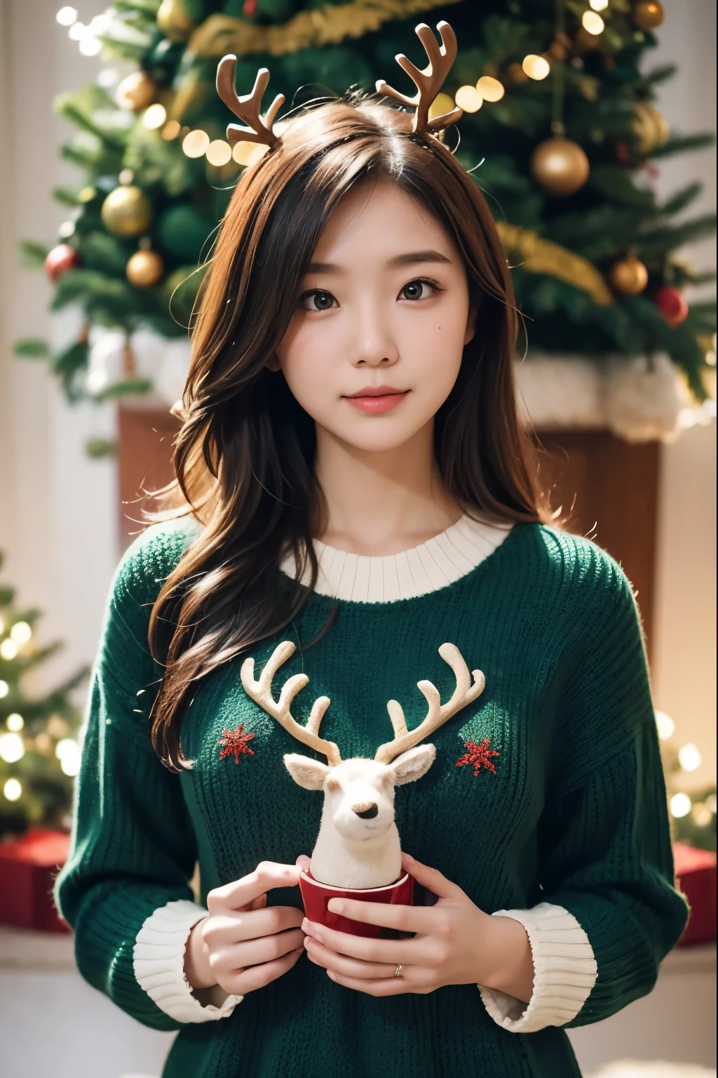 Beautiful woman in front of a large Christmas tree. Warm lighting, Green and red reindeer pattern knit,