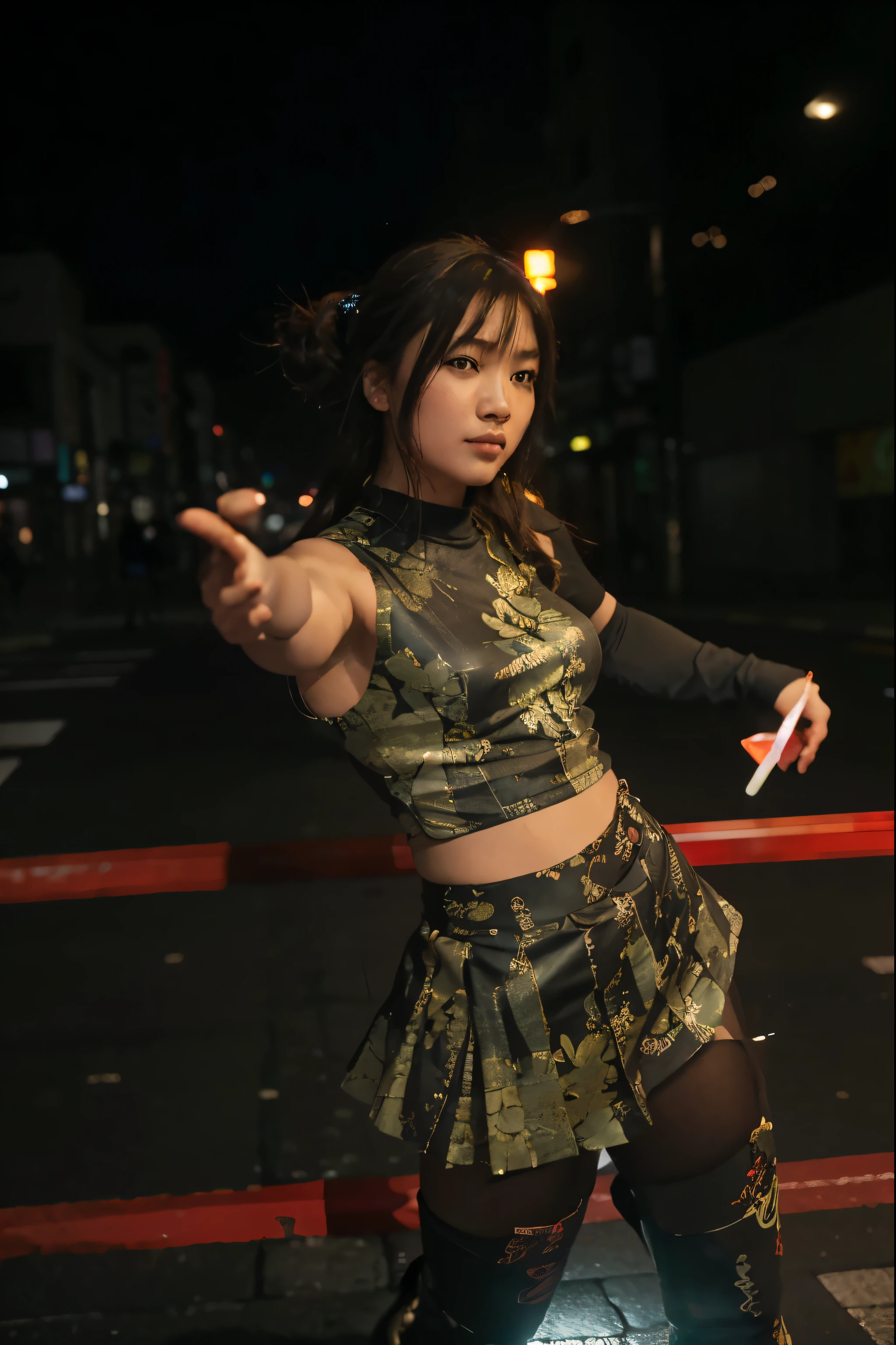 (Best quality, 8k, 32k, Masterpiece, UHD:1.2) "Imagine an empty night street in Shibuya, Japan, renowned for its typically bustling atmosphere. Now, envision this iconic location completely devoid of people, capturing a rare and serene moment of stillness. The scene is illuminated by the vibrant glow of neon signs and digital billboards, casting a kaleidoscope of colors onto the deserted streets.

Describe the iconic Shibuya Crossing, usually filled with a sea of pedestrians, now eerily quiet and empty. The traffic lights continue their regular cycle, changing from red to green, but there are no cars or people to obey their signals. The buildings surrounding the crossing, adorned with massive video screens and advertisements, still flash and display vibrant visuals, adding to the surreal emptiness of the scene.

The streets are lined with a mix of modern skyscrapers and traditional shops, their facades lit up by a myriad of lights. Small izakayas (Japanese pubs) and ramen shops emit warm, inviting glows, though their interiors are now vacant. Stylish cafes and boutiques remain illuminated, showcasing their displays to a nonexistent audience.

Capture the unusual quietness of Shibuya at night, where the usual cacophony of city sounds is replaced by a peaceful silence. The absence of people creates a stark contrast against the lively, illuminated backdrop. Highlight the subtle details—the reflections of neon lights on the wet pavement, the gentle hum of electronics, and the soft rustling of a breeze through the empty streets.

This empty street in Shibuya at night is a unique blend of urban energy and serene stillness, a moment frozen in time where the vibrant city lights illuminate the quiet, untouched beauty of one of Japan’s most famous districts." ((dramatic Lighting)) ((empty streets)) 