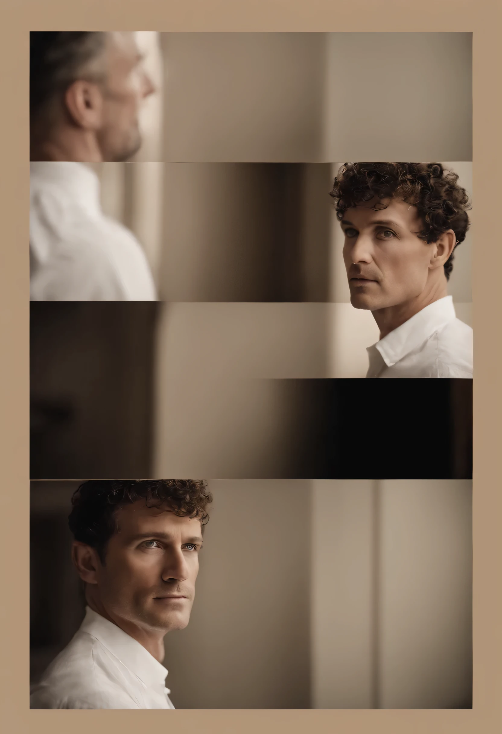 cinematic portrait , Um Homem Handom, Alto e em forma, (40 anos:1.1), (barbeado:1.2), (cabelo castanho muito curto e fino um pouco encaracolado:1.5),(cabelo fino muito curto:1.6). costume moulant noir, camisa branca . fundo minimalista, Own composition, detalhes fortes, cores suaves, hasselblad, Estilo cru