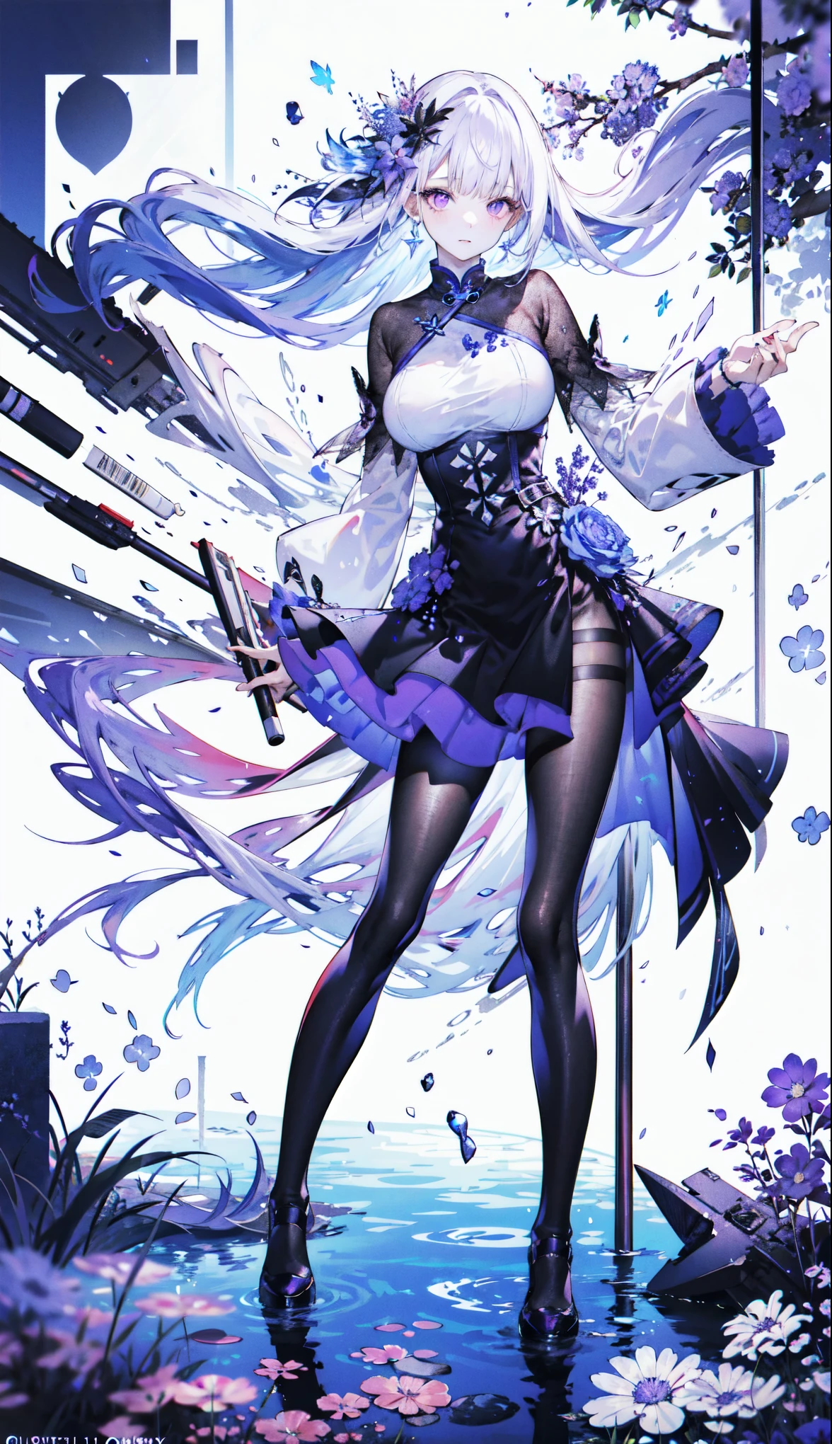 ((masterpiece:1.4,best quality)),(Super detailed),(Extremely detailed eyes),(Black leggings,Shiny socks:1.5),Hello Darkness
((Sexy Girl,Large Breasts,gully)),(Blood-red pupils,Diamond-shaped pupil:1.15),Purple Eyeshadow,(Elongated hair,Thick hair,shiny hair:1.5)(Variza:1.2),Fair skin,tilt head to one side,Kneel down
(She wears blue armor,Tight cheongsam,:1.5),Very long plush sleeves,White,White Cloud,Dream bubbles ,Ice and glitter effects
(Black long skirt:1.1),
(dawn:1.2),
(Intense black and white:1.16),(Depth of Field:1.4),,Intricate details,(Sky Castle,Standing on the lake,Purple flowers by the lake)