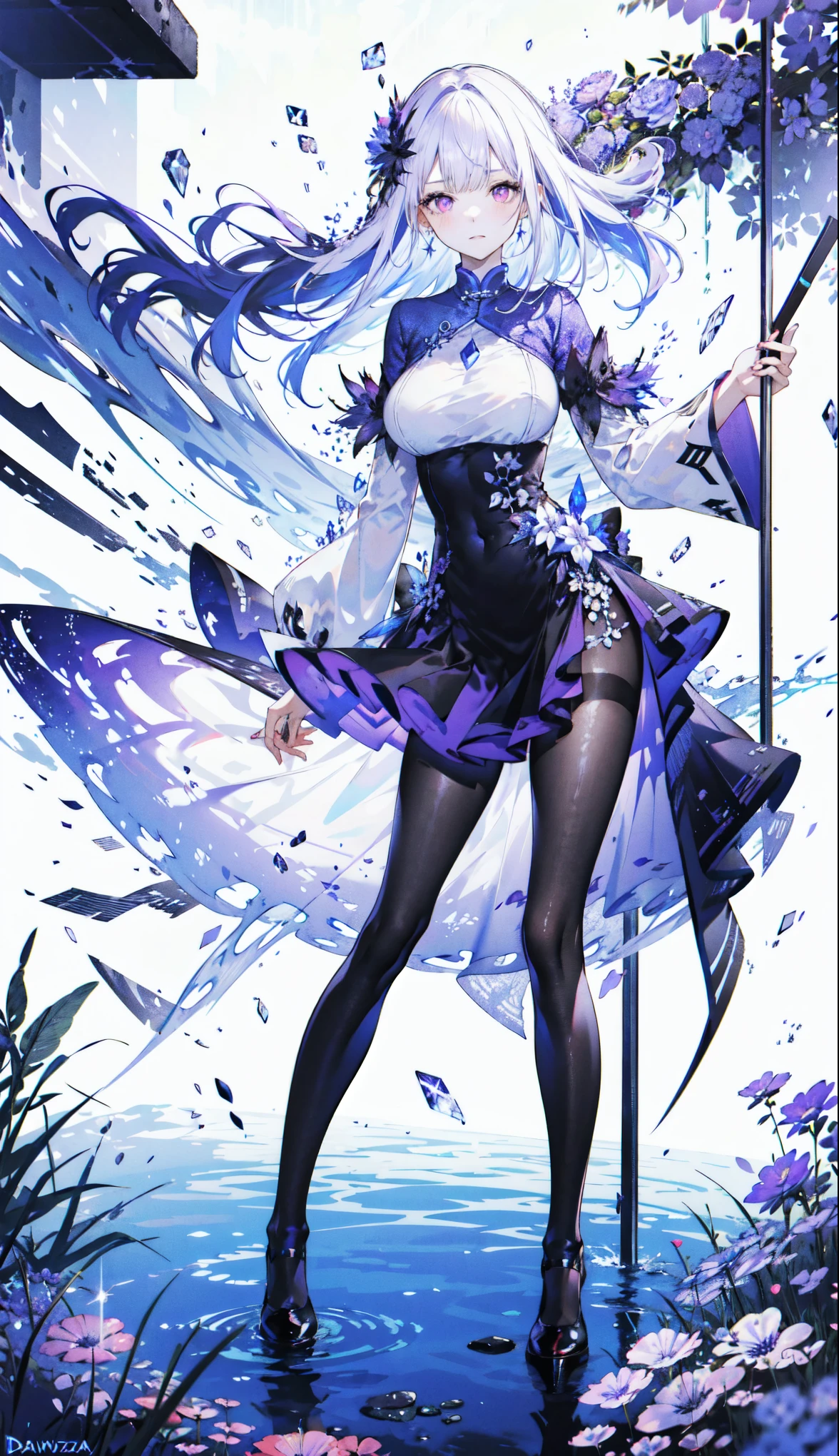 （（masterpiece：1.4，best quality）），（Super detailed），（Extremely detailed eyes），（Black leggings，Shiny socks：1.5），Hello Darkness
((Sexy Girl，Large Breasts，gully))，（Blood-red pupils，Diamond-shaped pupil：1.15），Purple Eyeshadow，（Elongated hair，Thick hair，shiny hair：1.5）（Variza：1.2），Fair skin，tilt head to one side，Kneel down
（She wears blue armor，Tight cheongsam，：1.5），Very long plush sleeves，White，White Cloud，Dream bubbles ，Ice and glitter effects
（Black long skirt：1.1），
（dawn：1.2），
（Intense black and white：1.16），（Depth of Field：1.4），，Intricate details，(Sky Castle，Standing on the lake，Purple flowers by the lake)