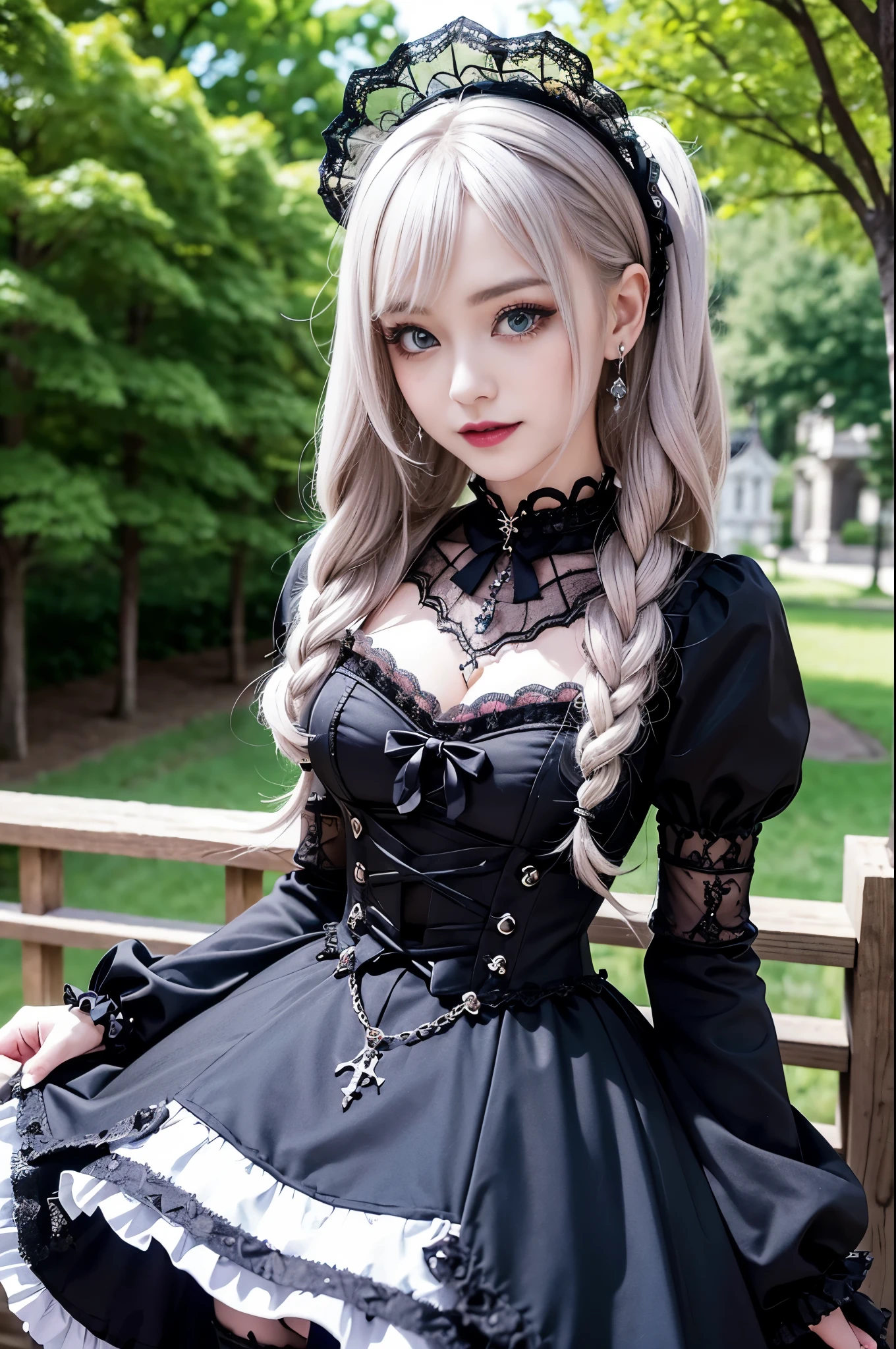 sexy stylish female model, only 1 female, ((doll-like appearance)), ((ultra detailed Platform boots)), (big smile), ultra detailed eyes, vivid eye makeup, lipgloss, long lashes, defined eyebrows, ((sexy Gothic ta cosplay)), bell-shaped skirt, petticoats, high neckline, puffed sleeves, ((ultra detailed lace)), ((ultra detailed embroidery)), intricate details, Gothic Loliccessoires and matching headpiece, Gothic Lolita cr, ((large sparkling Gothic Lolita jewel, cinematic light, detailed large park background with trees