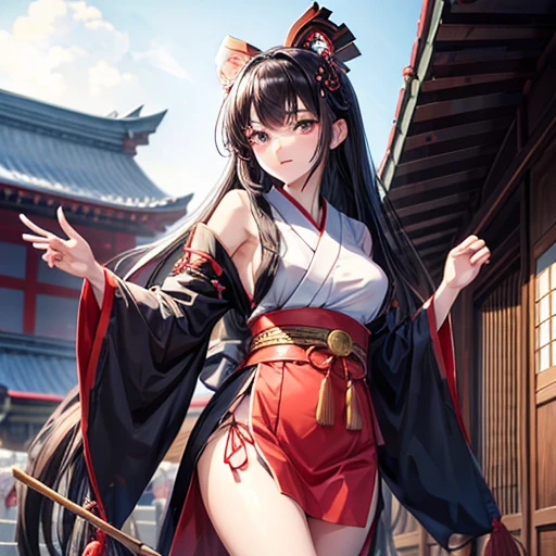 A black-haired woman wearing a shrine maiden outfit with leg slits Spread your legs The upper body is fluttering has a three-sectioned stick