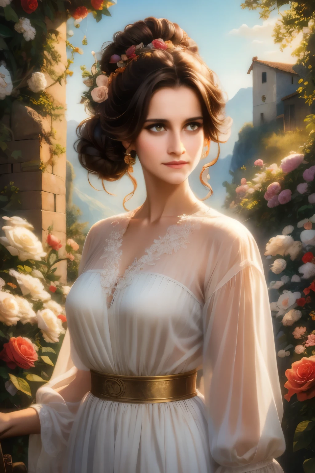 Brown-black hair, black eyes, fair skin, goose egg face, atmospheric facial features, tall, confident and powerful, toned and plump, high school girls, , coiled hair, hair bun, with hairpin, red rose, blue butterfly, white rabbit, billboard, official quality, mysterious, light and shadow, correct proportions, aesthetics, atmosphere,Beautiful oil painting of a village, Villa Bella, Italy, by Irene beryl irving style draw