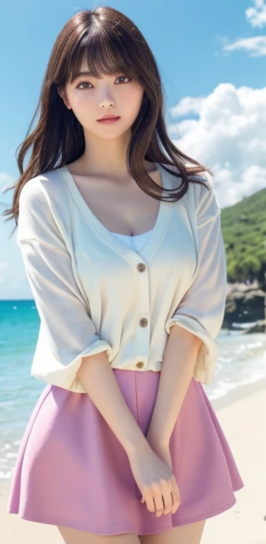 masterpiece, highest quality, 8k, 20th generation, Big Breasts, cute, alone, sad, cute, Girlish,cute 繊細な女の子, cute、Pure beauty, RAW Photos, Professional photography, Portraiture, Soft Light, Professional Lighting, Backlight, avert your eyes, Sophisticated, Film Grain, (Eye and facial details:1.0), Round face、Floating Hair, beautiful, Flowing hair, Asymmetrical bangs、(Big Breasts:1.0)、White cut and sew、pastel cardigan、Micro Mini Skirt、Voluptuous thighs、dolly make、Heterochromia iridis、Midsummer sky、Cumulonimbuidsummer Beach