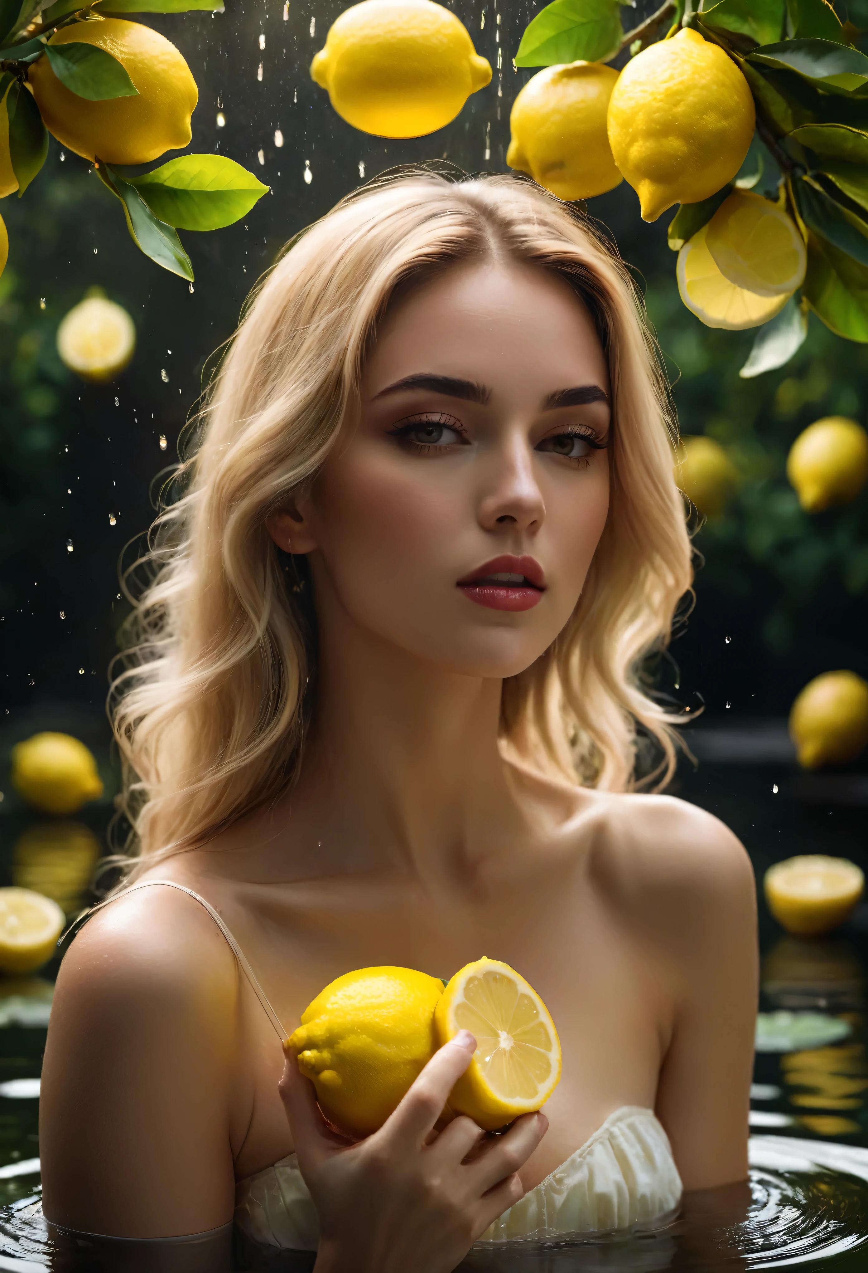 The image should be a masterpiece rendered in maximum 16K resolution, ensuring unparalleled detail and clarity. | Emphasize soft color photography techniques to create a gentle and harmonious color palette that enhances the cinematic feel of the image. | Aim for ultra-detailed imagery with meticulous attention to anatomical correctness, textures, and fine details, ensuring a lifelike portrayal of the subject. | Create a cinematic portrait of Beautiful Female wearing summer dress with lemon color eating a slice of lemon in a pond full of lemons, capturing dynamic angles and perspectives reminiscent of movie stills. Avoid extreme angles or exaggerated expressions to maintain realism. | ((Beautiful Female eating a slice of lemon):1.2), ((Pond of lemons):1.1) | Incorporate subtle motion blur to convey a sense of speed and dynamism, adding depth and energy to the composition. Utilize the Tyndall effect to enhance atmospheric lighting and create a visually captivating scene. | Beautiful female should be depicted as a supermodel beauty with very messy blonde hair and an aquiline nose, exuding confidence and beauty. | Utilize the dim lighting effect of pond full of lemons to enhance the tense and vibrancy of the scene, creating a visually stunning portrayal. | Aim for a realistic depiction of the beautiful female eating lemon. | Ensure the image is captured with sharp focus and minimal noise, utilizing advanced rendering techniques such as RTX and Unreal Engine for optimal visual quality. | Infuse the image with a cinematic atmosphere, incorporating elements such as film grain and dark, moody tones to evoke a sense of drama and suspense. a cinematic masterpiece that immerses viewers in a visually stunning portrayal of beautiful female. | (anatomical correctness), (perfect_fingers), (perfect_legs), (perfect_hands), (perfect_composition, perfect_design, perfect_layout, perfect_detail, ultra_detailed), ((enhance_all, fix_everything)), More Detail, Enhance.