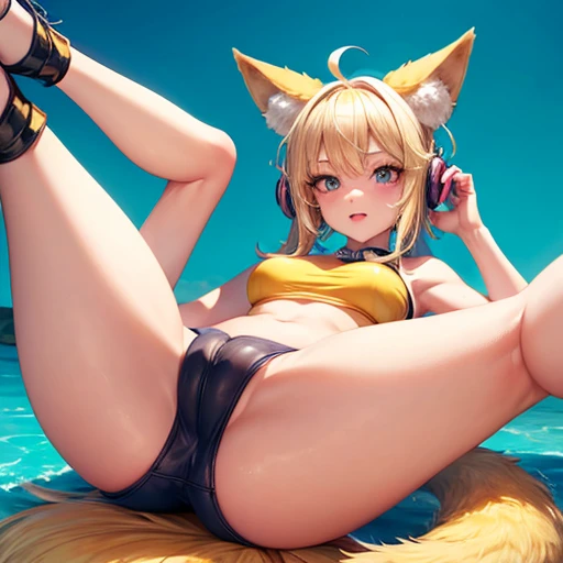 Blonde woman in tube top and hot pants　Fox ears and tail　Spread your legs