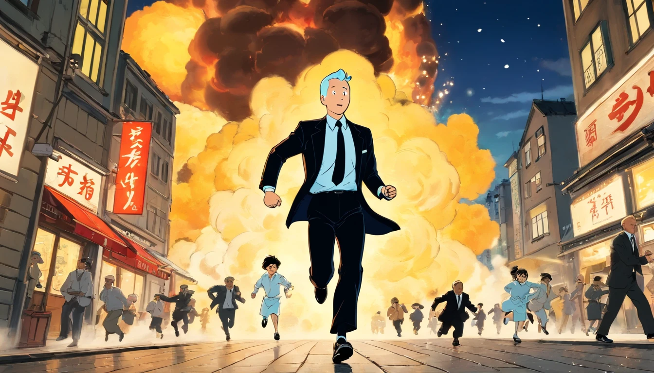 Tintin, 50 years old male wearing black suit, white shirt, black tie, black pants and black shoes, slick and neat short grey hair, herge, european comics, running away fast forward camera from big explosion, Tokyo tower action movie scene background at night