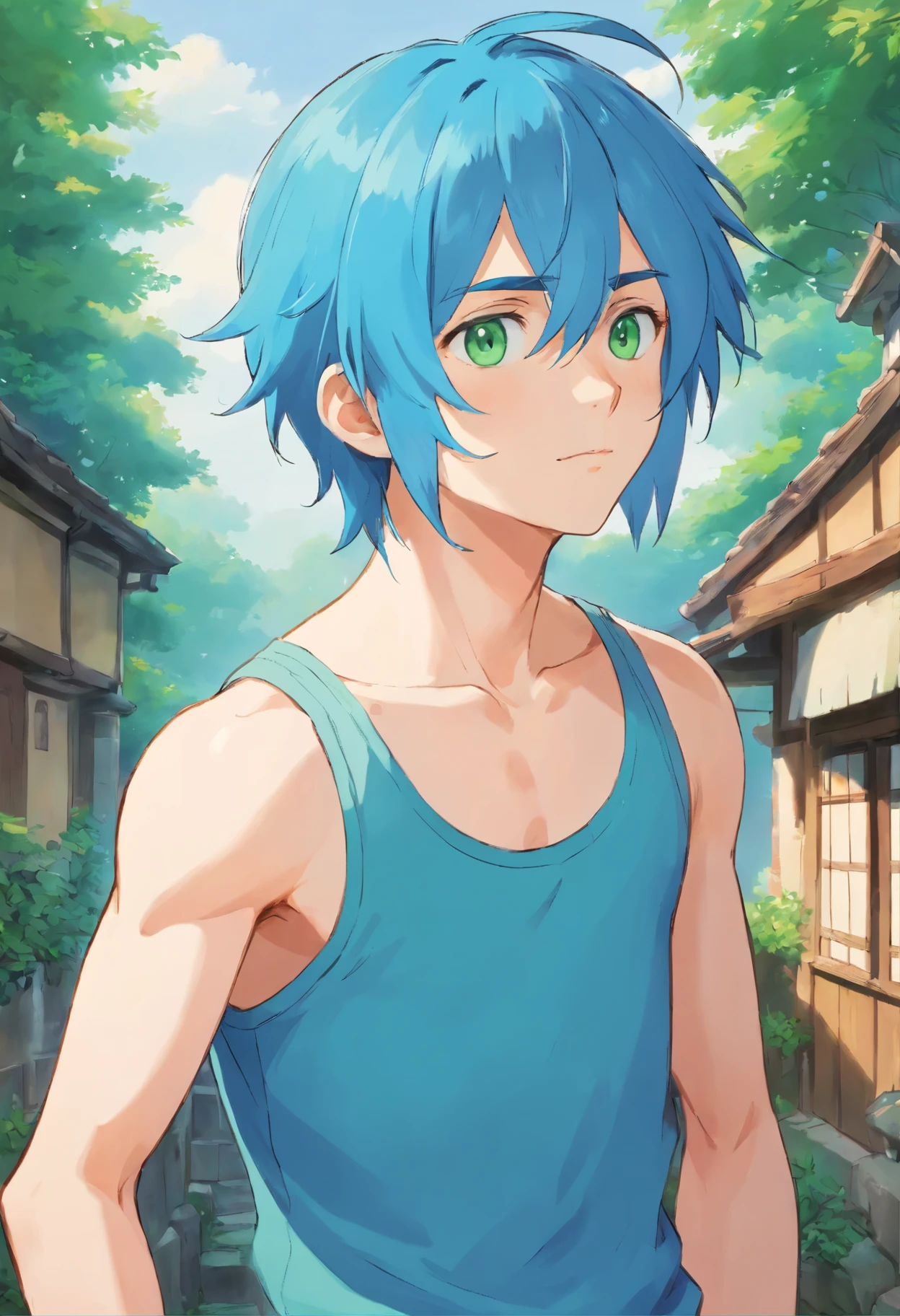 A young man of about twenty years old. Pale skin. Blue straight hair. Green eyes. Slim but quite broad body. Soft facial features. Tank top.