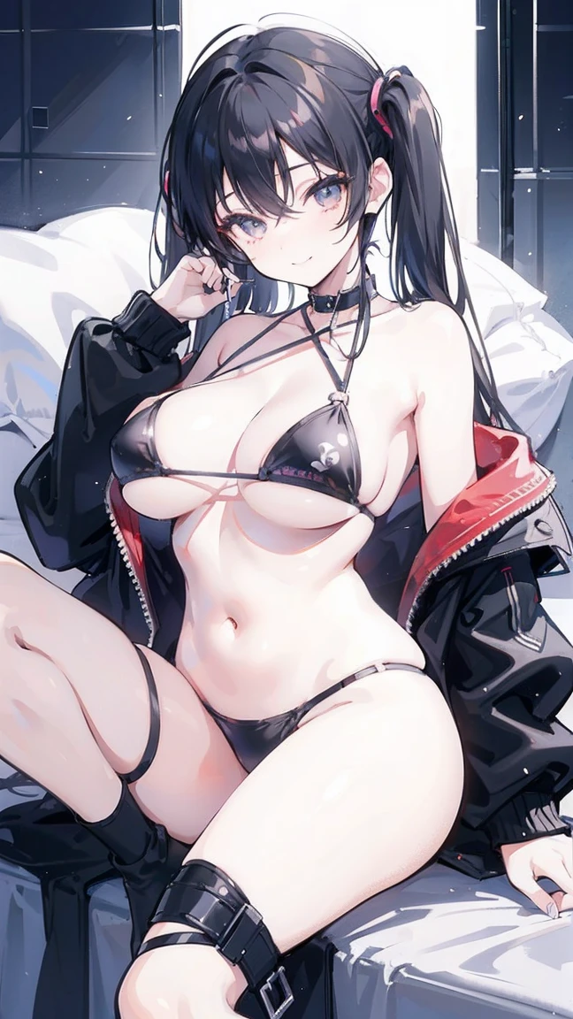 masterpiece,anime style,chibi,black hair,sexy girl,mini bikini,shoulder length hair with two pigtails,very big breasts,black jacket,wearing headphones,smiling,listening to music,lying on a bed,