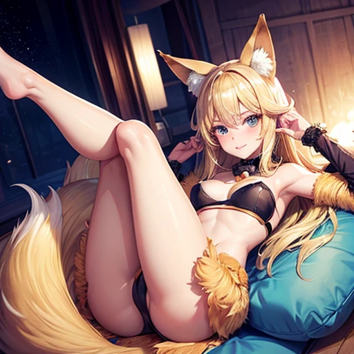 Blonde woman in tube top and hot pants Fox ears and tail Spread your legs