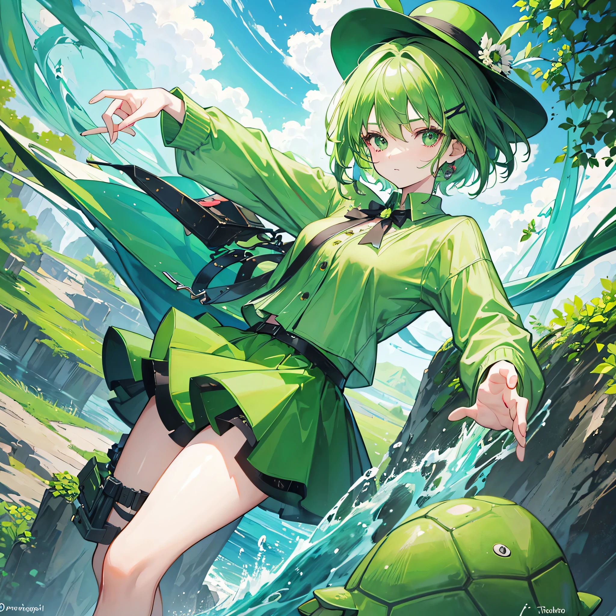 1 girl,turtle,green short hair,green hair,green skirt,green shirt,ultrasharp,masterpiece,8K,hat