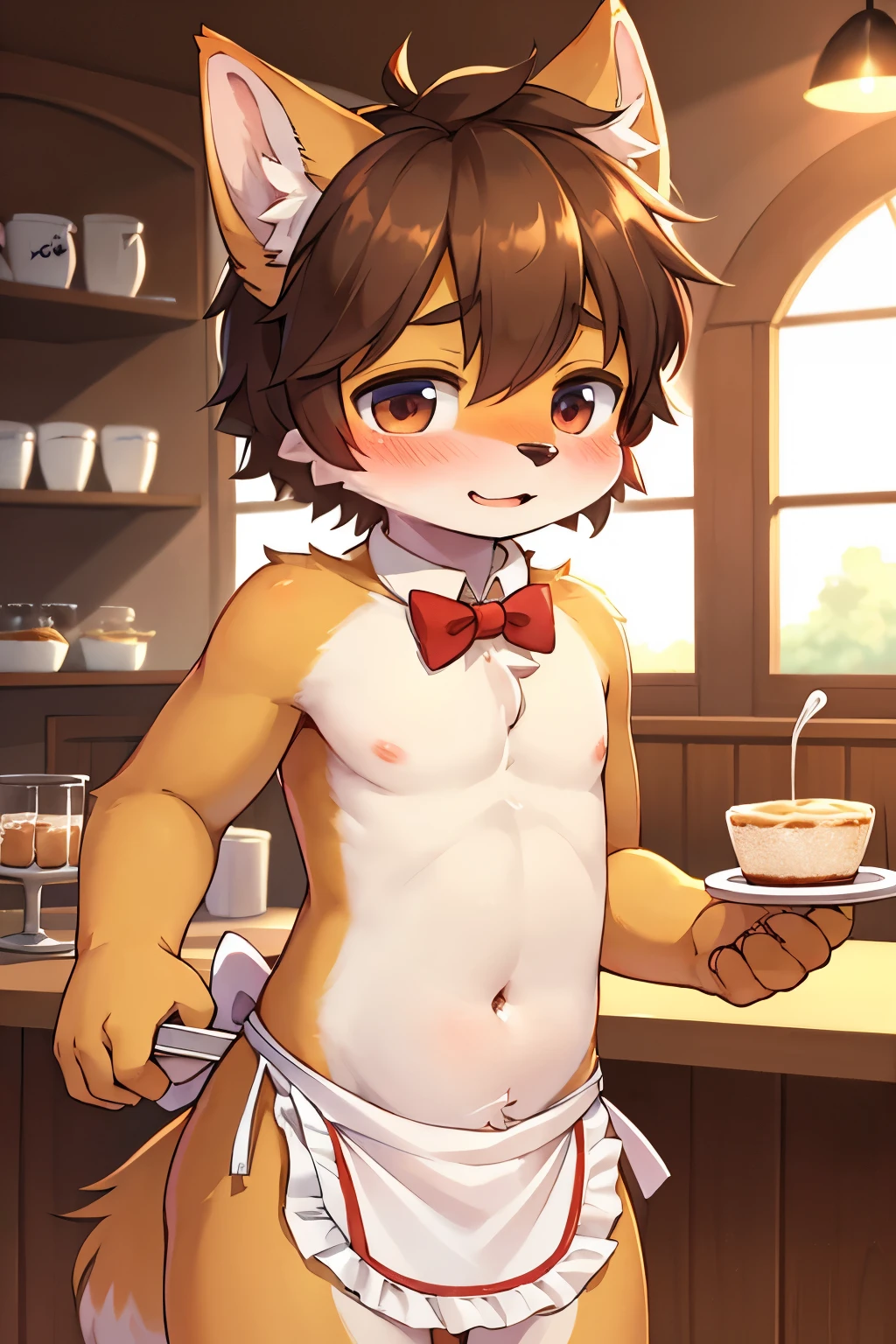 (masterpiece), best quality, perfect face, 2 topless furry shota dog boys, blushed, topless, apron, serving, navel, lined up, café, innocent boy, ribbons, bow tie, restaurant, tugging own apron, furry boys café, 