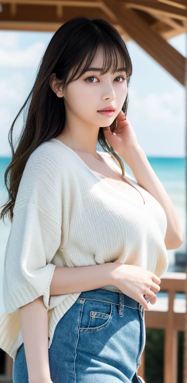 masterpiece, highest quality, 8k, 20th generation, Big Breasts, cute, alone, sad, cute, Girlish,cute 繊細な女の子, cute、Pure beauty, RAW Photos, Professional photography, Portraiture, Soft Light, Professional Lighting, Backlight, avert your eyes, Sophisticated, Film Grain, (Eye and facial details:1.0), Round face、Floating Hair, beautiful, Flowing hair, Asymmetrical bangs、(Big Breasts:1.0)、White cut and sew、pastel cardigan、Micro Mini Skirt、Voluptuous thighs、dolly make、Heterochromia iridis、Midsummer sky、Cumulonimbuidsummer Beach