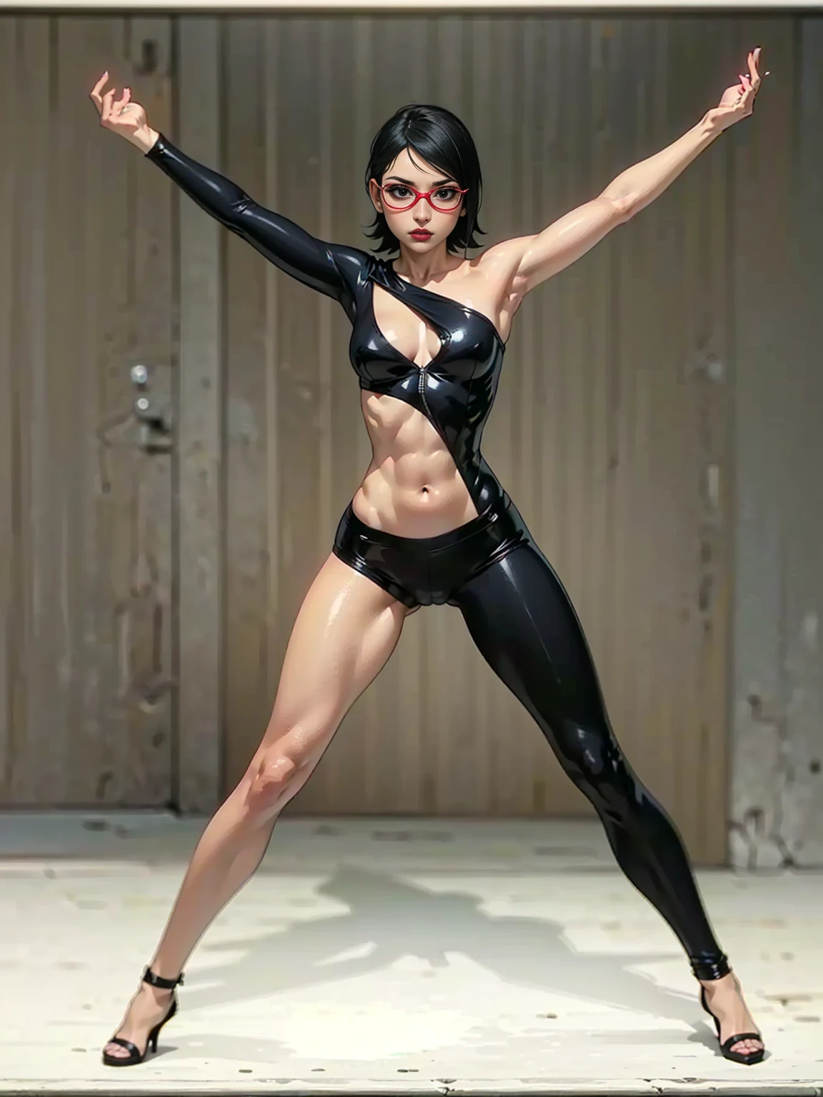 (1girl, Alone, alone), (WakatsukiRisa, Sarada uchiha, black hair, short hair, Black eyes, (small bust), red glasses), ((Alone, (1woman,pink lipstick, Black eyes), extremely detailed , Soft ambient lighting, 4K, perfect eyes, a perfect face, Perfect Lighting, the 1 girl)), ((fitness, , shapely body, athletic body, toned body)) , ((black bodysuit, black leotard, black high heels , black superhero outfit))